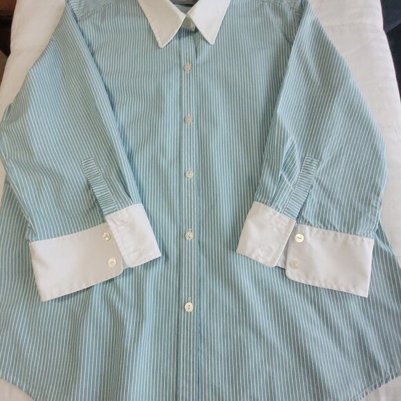 Teal Blue & White Pin Stripe Blouse XL Liz Claiborne - Picture 13 of 16